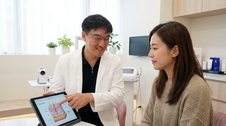 艾麗斯作用原理示意圖：CMC凝膠與PCL微球雙重效果 艾麗斯（Ellansé）注射前後對比，改善臉頰凹陷與法令紋 膠原蛋白增生劑市場分析，艾麗斯與其他品牌的比較 醫師操作艾麗斯注射過程，精準層次示範 艾麗斯術後效果維持與肌膚自然變化