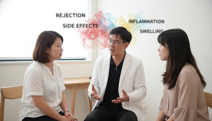 吳紹琥醫師在診間說明PRP副作用 患者接受治療後了解PRP副作用反應 醫療團隊示範如何緩解PRP副作用腫脹 專業診所環境提供PRP副作用諮詢服務