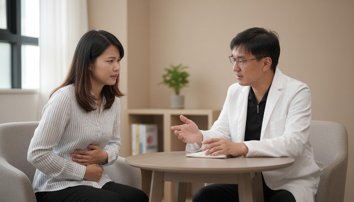 醫師在診間詳細解析引發胃脹氣的生理機制 現代人高壓生活容易導致胃脹氣與消化不良 專業醫療團隊檢測胃脹氣相關的神經平衡數據