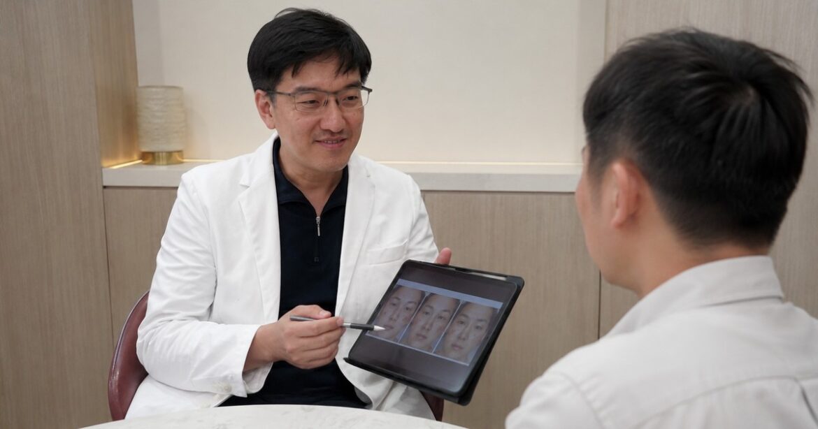 V臉療程效果的示範圖，展示療程前後的變化，強調小臉效果。