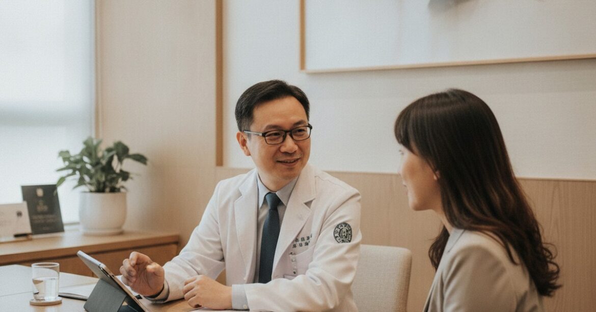 吳芮醫師在診間與患者進行醫美術前評估溝通